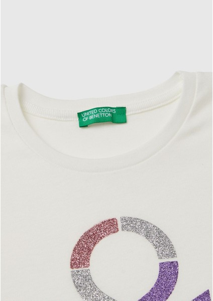 United Colors Of Benetton Kız Çocuk Beyaz Önü Parıltılı Logo Baskılı Regular Fit Uzun Kollu T-Shirt