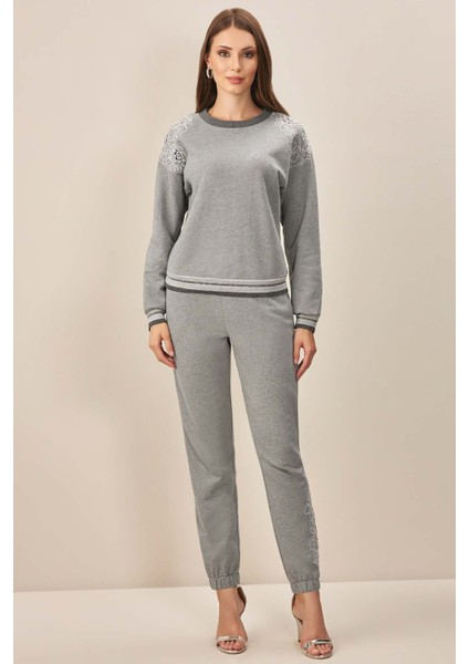 Lastikli Paça Gri Üç Iplik Pantolon