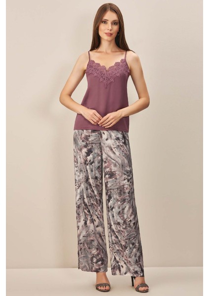 Geniş Paça Gri Desenli Pantolon