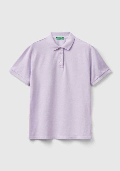 Benetton Kadın T-Shirt Lila Streç Pamuklu Sol Altı Logo Baskılı Polo 3WG9D300E