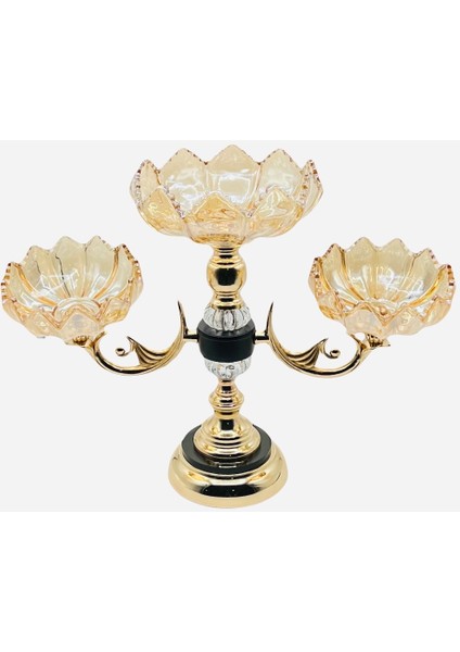 Gold Ayaklı Füme Bal Cam Şamdan Mumluk Üçlü