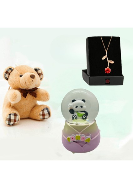 Panda Mini Işıklı Kar Küresi Arkadaşa Hediye & Mini Peluş Ayıcık ve Gül Kolye Hediye