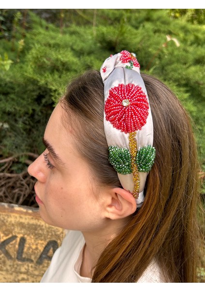 BYM7001TASARIM Abiye Kına Nişan Gelin El Işlemesi Gri Kırmızı Çiçekli Kadın Saç Tacı fiyatları