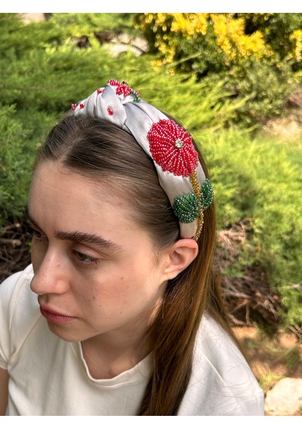 BYM7001TASARIM Abiye Kına Nişan Gelin El Işlemesi Gri Kırmızı Çiçekli Kadın Saç Tacı modelleri