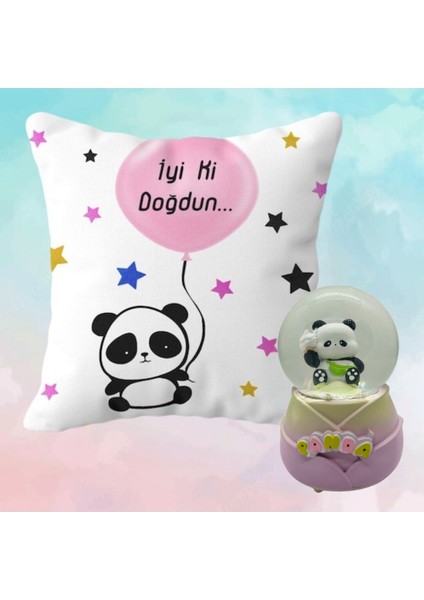 Iyi Ki Doğdun Yastık ve Panda Işıklı Mini Kar Küresi