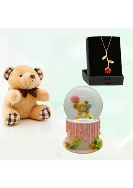 Iyi Ki Doğdun Panda Mini Işıklı Kar Küresi Arkadaşa Hediye & Mini Peluş Ayıcık ve Gül Kolye Hediye