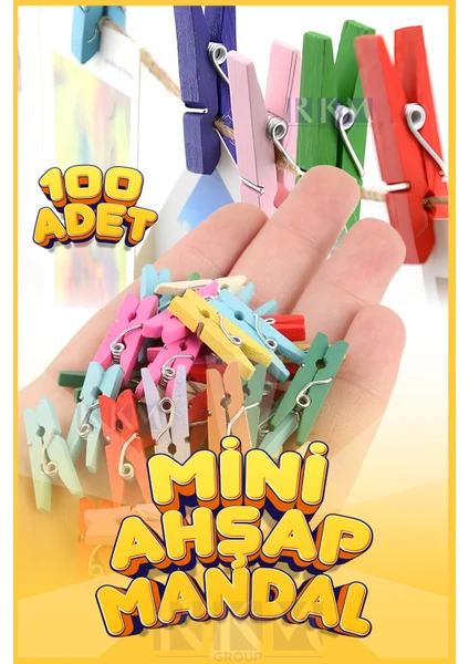 Rkm Store Renkli Mandal 100 Lü Paket Mini Ahşap Mandal Fotoğraf Mandalı 2,5 cm