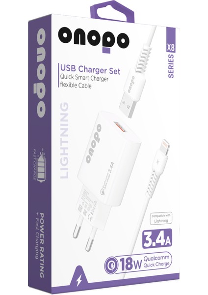 onopo İphone Apple Uyumlu Lightning USB 3.4A Iphone Hızlı Şarj Cihazı Uyumlu 18W - X8