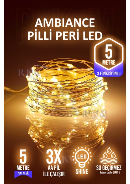 Rkm Store Dekoratif 5 Metre Peri LED Gün Işığı 3 Pilli 3 Fonksiyonlu