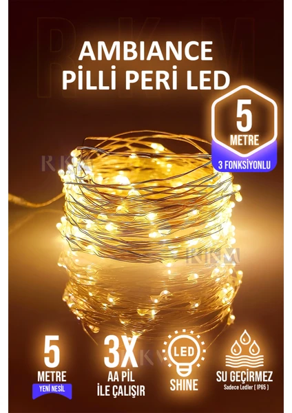 Rkm Store Dekoratif 5 Metre Peri LED Gün Işığı 3 Pilli 3 Fonksiyonlu