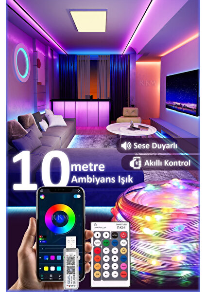 Rkm Store Sese Duyarlı 10 Metre Yeni Nesil Rgb Smart LED Usb'li Kumandalı Bluetooth Ile Telefon Bağlantılı