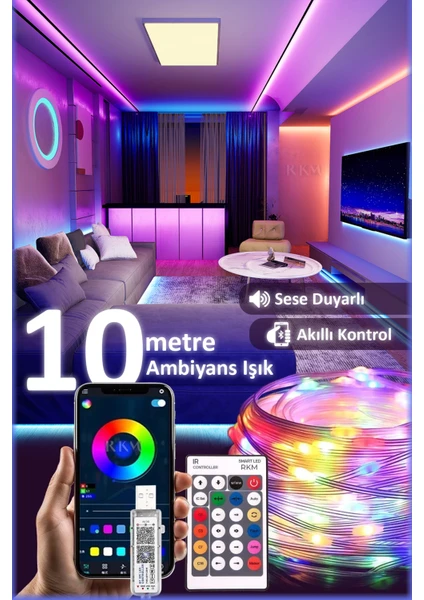 Rkm Store Sese Duyarlı 10 Metre Yeni Nesil Rgb Smart LED Usb'li Kumandalı Bluetooth Ile Telefon Bağlantılı