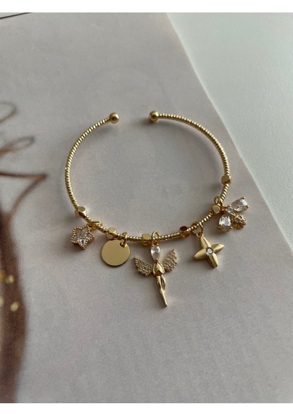 Taşlı Melek Charmlı Gold Ithal Seri Bileklik
