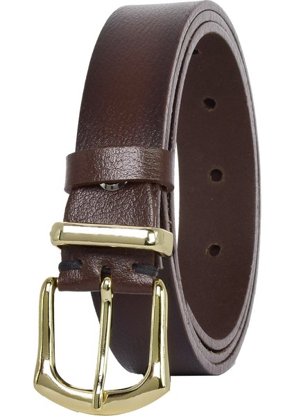 Deri Gold Tokalı Metal Köprülü Koyu Kahverengi Kadın Kemeri 3 Cm=3lü-3cm-Kd-42-Gold.tk