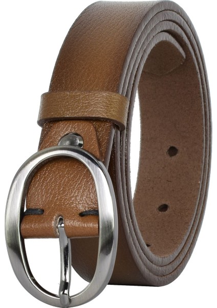 Deri Mat Gümüş Oval Tokalı Açık Kahverengi Ince Kadın Kemeri 3 Cm=3cm-Kdn-39-Nik.ov