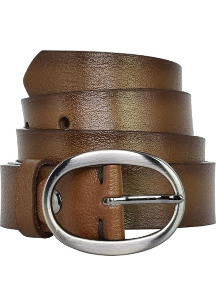 Deri Mat Gümüş Oval Tokalı Açık Kahverengi Ince Kadın Kemeri 3 Cm=3cm-Kdn-39-Nik.ov