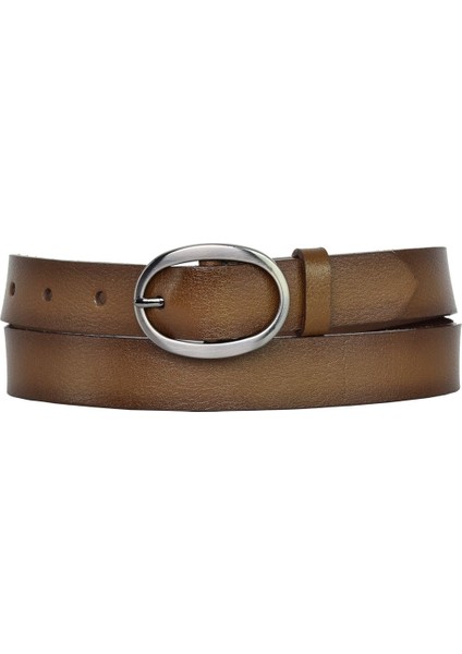 Deri Mat Gümüş Oval Tokalı Açık Kahverengi Ince Kadın Kemeri 3 Cm=3cm-Kdn-39-Nik.ov