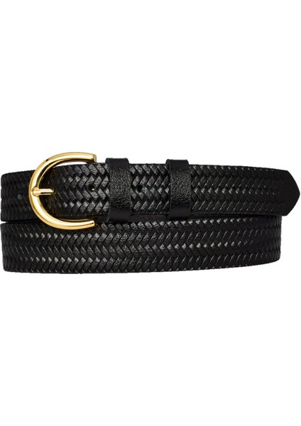 Deri Gold Tokalı Örgü Desenli Siyah Ince Kadın Kemeri, 3Cm=3Cm-Kdn-02