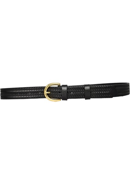 Deri Gold Tokalı Örgü Desenli Siyah Ince Kadın Kemeri, 3Cm=3Cm-Kdn-02