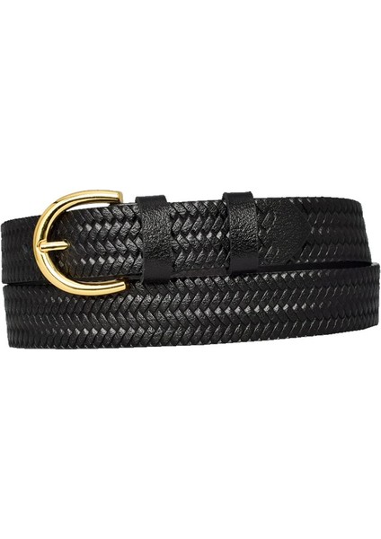 Deri Gold Tokalı Örgü Desenli Siyah Ince Kadın Kemeri, 3Cm=3Cm-Kdn-02