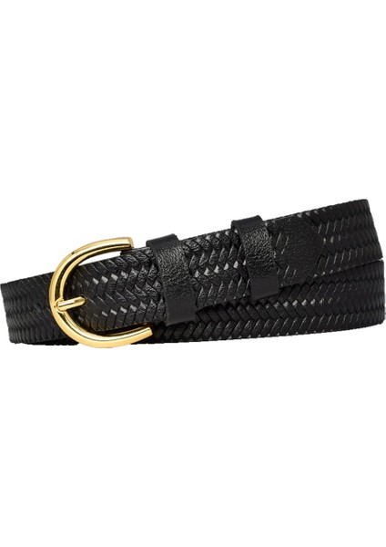 Deri Gold Tokalı Örgü Desenli Siyah Ince Kadın Kemeri, 3Cm=3Cm-Kdn-02
