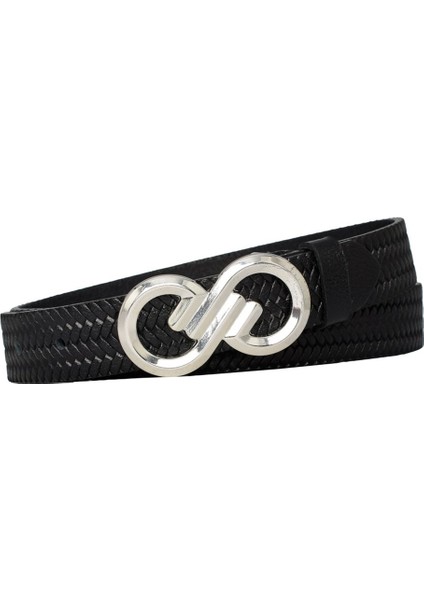 Deri Gümüş Tokalı 3 cm Örgü Desenli Siyah Kadın Kemeri; Elbise Pantolon KEMERI=3CMKD44