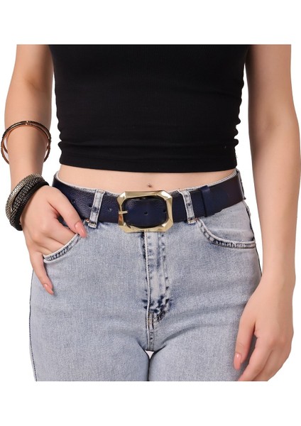Kadın Moda Gold Renk Tokalı Tek Parça Deri Lacivert Kemer Genişlik 3.8cm=amz-08