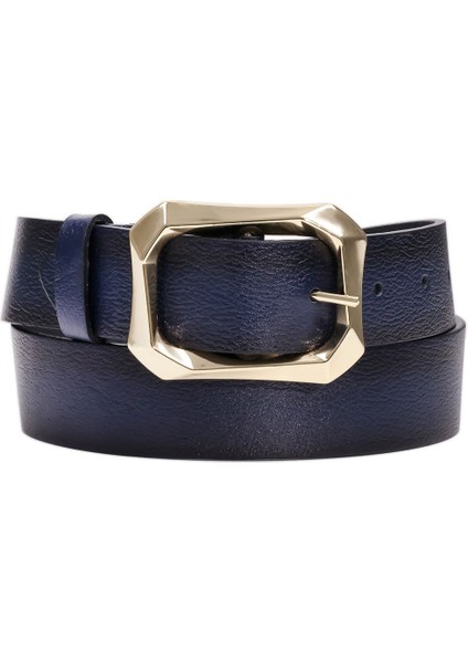 Kadın Moda Gold Renk Tokalı Tek Parça Deri Lacivert Kemer Genişlik 3.8cm=amz-08