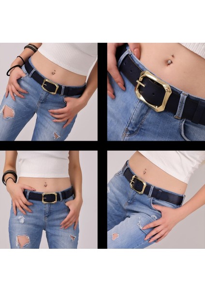 Kadın Moda Gold Renk Tokalı Tek Parça Deri Lacivert Kemer Genişlik 3.8cm=amz-08