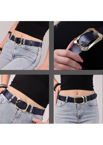 Kadın Moda Gold Renk Tokalı Tek Parça Deri Lacivert Kemer Genişlik 3.8cm=amz-08