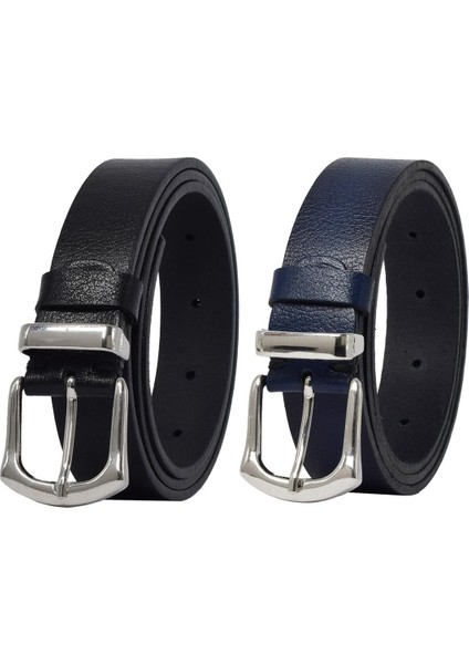Deri Gümüş Tokalı Metal Köprülü 2'li Set Siyah Lacivert Kadın Kemeri 3 Cm=2li-Kd-41