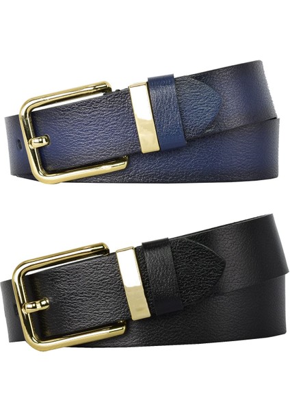 Deri Gold Tokalı Metal Köprülü 2'li Set Siyah Lacivert Kadın Kot Kemeri 4 CM=KP.BYN76