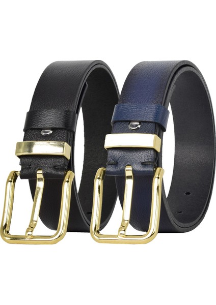 Deri Gold Tokalı Metal Köprülü 2'li Set Siyah Lacivert Kadın Kot Kemeri 4 CM=KP.BYN76
