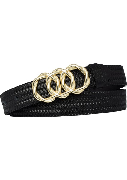 Deri Gold Örgü Tokalı 3 cm Örgü Desenli Siyah Kadın Kemeri; Pantolon Kemeri=3cm-Kdn-45