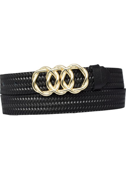 Deri Gold Örgü Tokalı 3 cm Örgü Desenli Siyah Kadın Kemeri; Pantolon Kemeri=3cm-Kdn-45