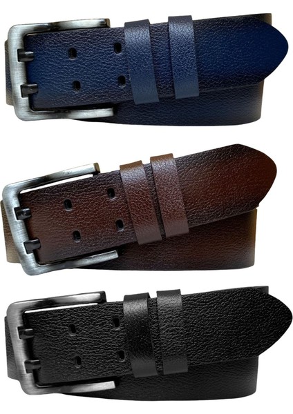 Deri Çift Dilli 3'lü Set 4.5 cm Kot Kemer Siyah Koyu Kahverengi Lacivert=3.lü.çdilli