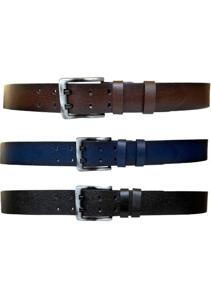 Deri Çift Dilli 3'lü Set 4.5 cm Kot Kemer Siyah Koyu Kahverengi Lacivert=3.lü.çdilli