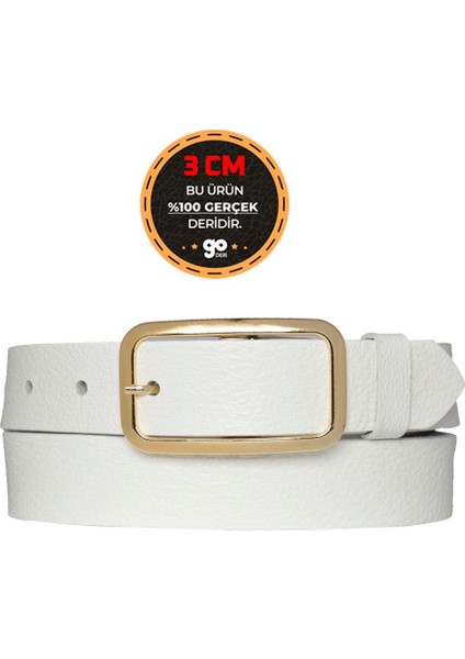 Deri Gold Tokalı Süt Beyaz 3 cm Kadın Kemeri Pantolon Kemeri Şort Kemeri 3CMKDN50