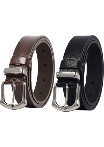 Deri Gümüş Tokalı Köprülü 2'li Set Siyah Koyu Kahverengi Kadın Kemeri 3 Cm=2li-Kd-41
