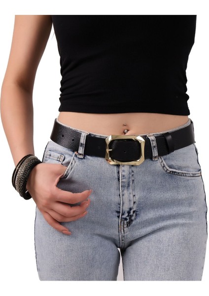 Kadın Moda Gold Renk Tokalı Tek Parça Yumuşak Deri Siyah Kemer 3.8 Cm Ihraç Ürün=amz-08