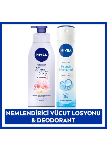 Kadın Sprey Deodorant Fresh Natural 150ML, Kiraz Çiçeği Nemlendirici Vücut Losyonu 400ML