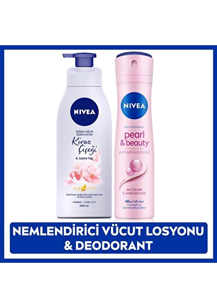 Kadın Sprey Deodorant Pearl&beauty 150ML, Kiraz Çiçeği Nemlendirici Vücut Losyonu 400ML