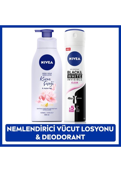 Kadın Sprey Deodorant Black&white Invisibleclear 150ML,KIRAZ Çiçeği Nemlendirici Vücut Losyonu 400ML