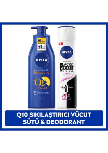Kadın Sprey Deodorant Black&white Clear 150ML, Q10 Sıkılaştırıcı ve Nemlendirici Vücut Sütü 400ML