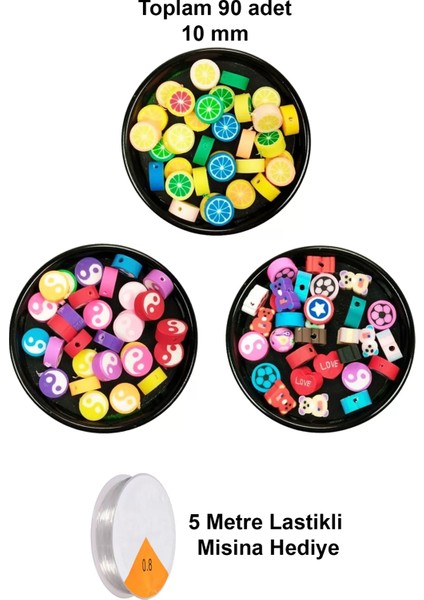 90 Adet 10 mm Polimer Kil Fimo Boncuk Takı Bileklik + 5 Metre Misina Hediye - Yin Yang - Karışık - Limon