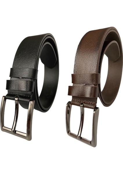 Deri Premıum 2'Li Set Siyah Kahverengi Kot Spor Kemer 4.5 Cm=2'Li--Pre-Düz