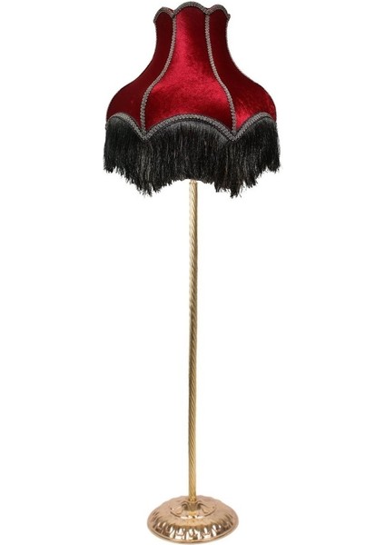 Bordo ve Siyah Saçaklı Vintage Lambader, Metal Ayaklı, Şık Tasarım