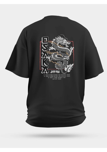 Oversize Osaka Japon Ejderha Baskılı Unisex Tişört Siyah
