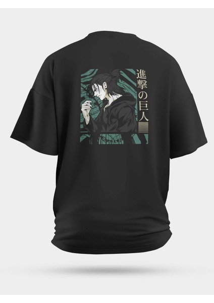Oversize Attack On Titan Eren Baskılı Unisex Tişört Siyah