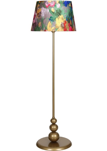 Eskitme metal ayaklı, yeşil desenli, modern lambader, şık ve fonksiyonel aydınlatma.